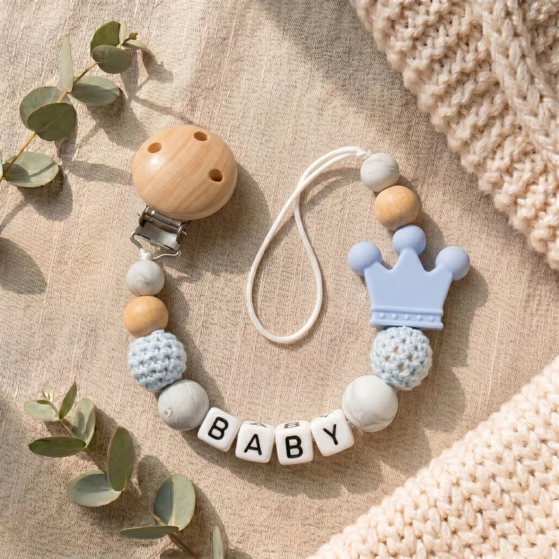 Personalised Name Pacifier Clip - Silicone & Wood Dummy Holder