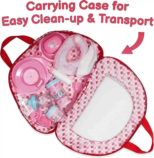 Open carry bag showing baby doll care accessories packed inside