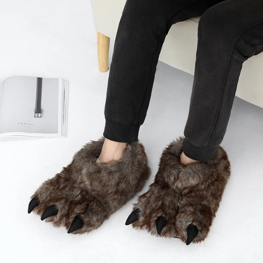 brown fur claw paw slippers, worn pair