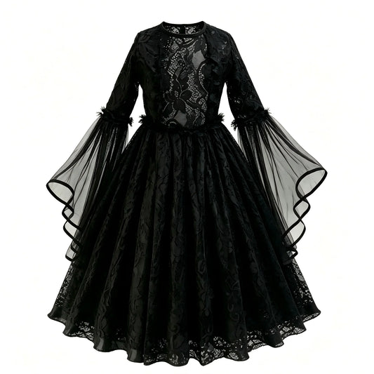 Girls gothic ghost bride costume, black lace dress only