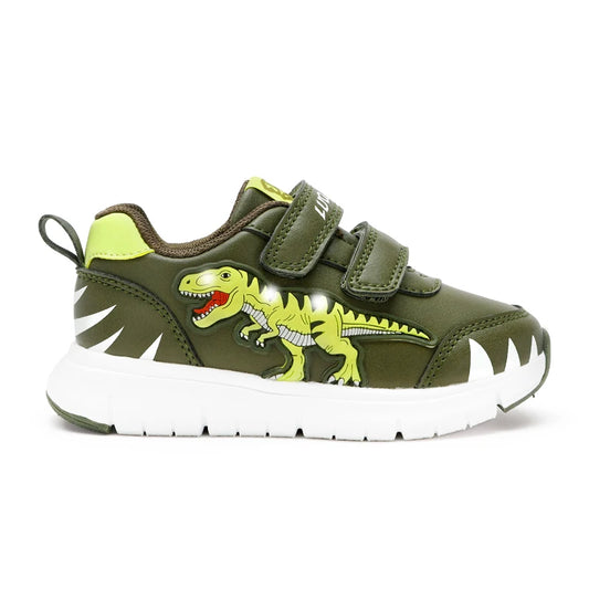 Army green LED dinosaur print kids trainers