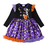 Girls Halloween Skeleton & Pumpkin Print Party Dress thumbnail 1