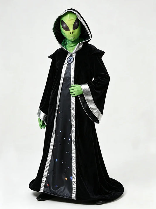 Adult alien cosplay costume with hooded cape, mask and gloves