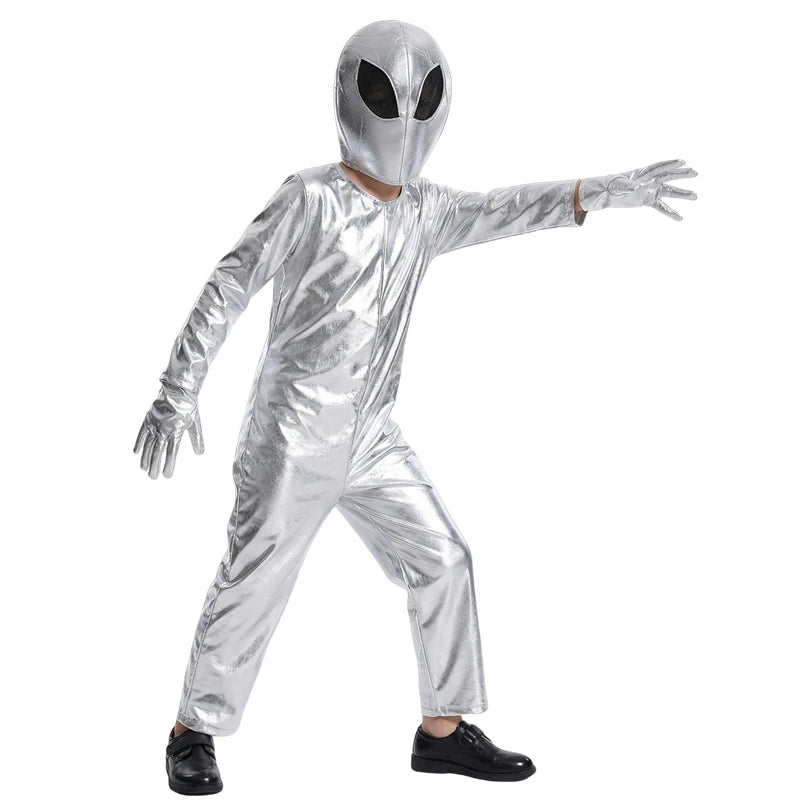 Kids Silver Alien Astronaut Costume with Mask and Gloves