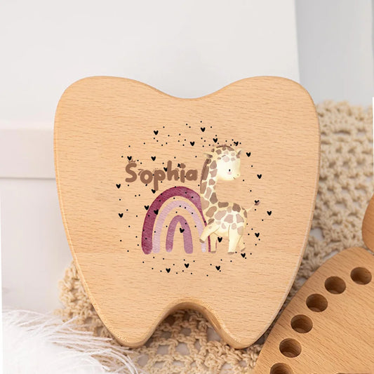 Wooden tooth fairy box with giraffe and rainbow design, personalised name