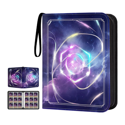 Purple 9-pocket trading card binder with galaxy starburst design, zip closure and carry handle