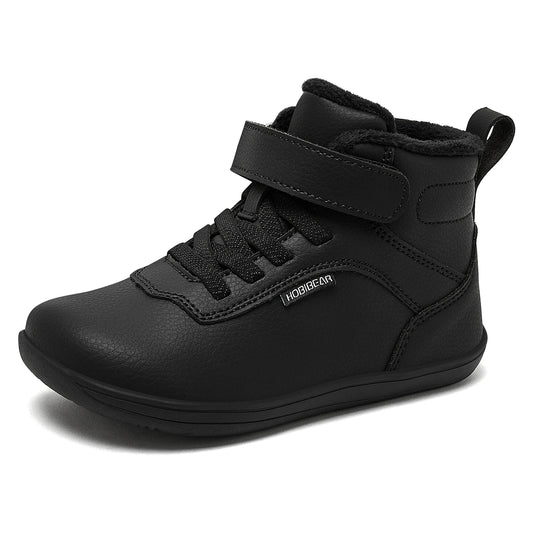 Black kids winter barefoot high-top sneaker, side view