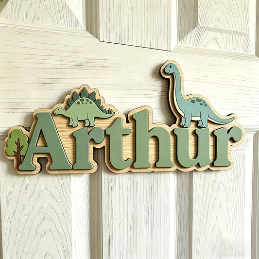 Beige personalised wooden dinosaur name sign