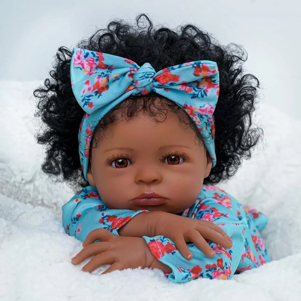 20" Reborn Baby Doll - Curly Hair with Floral Headband & Outfit