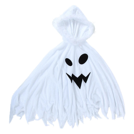White ghost cape costume flat lay showing jagged hem and face print