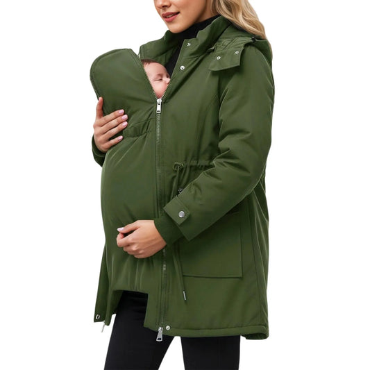 Green 3-in-1 maternity coat with quilted liner, front view with baby in pouch