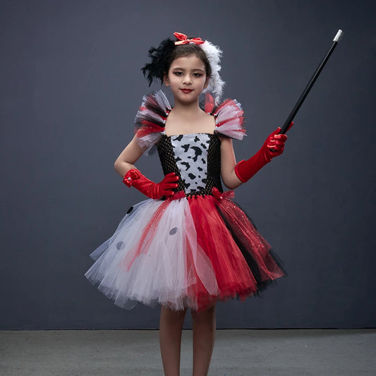 Dalmatian-spot villain costume front view, dress with tulle skirt and red trim