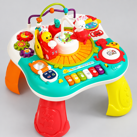 Green multifunctional activity table with electric train, front view