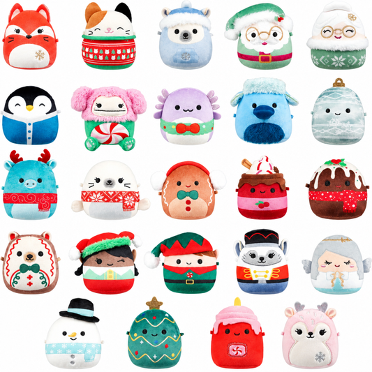 Collection of 24 mini plush characters included inside the Christmas advent calendar countdown toy