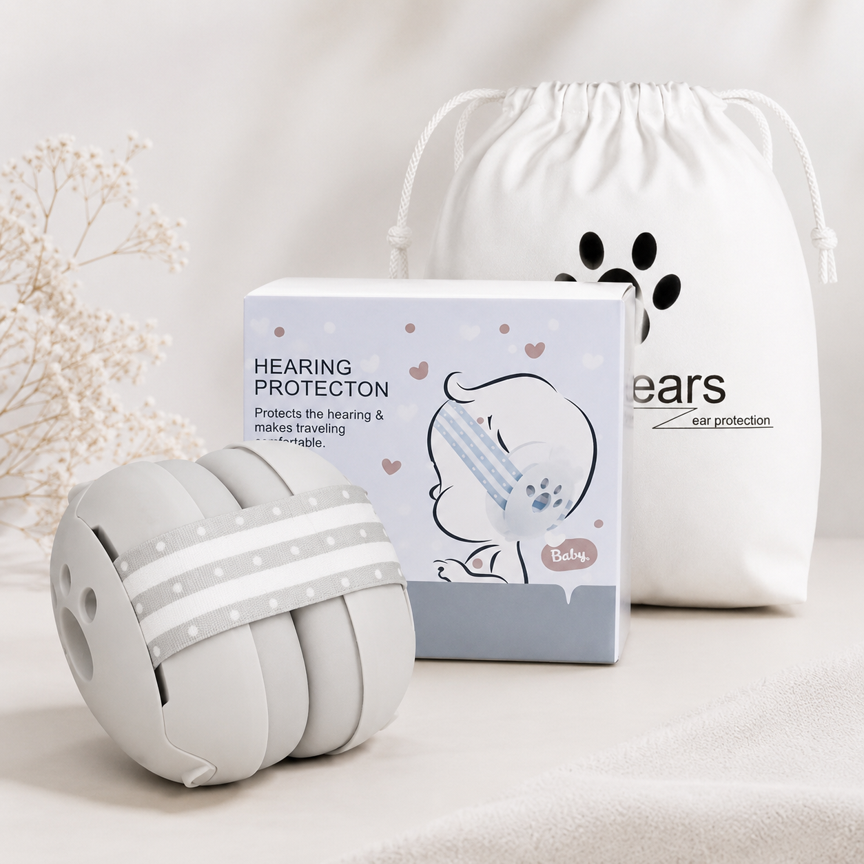 Grey baby noise-reducing ear muffs