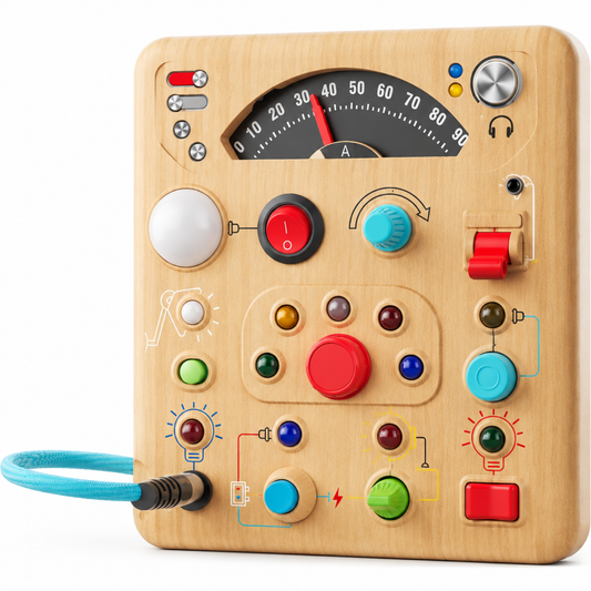 Wooden simulation ammeter busy board, front view showing dial, switches and buttons