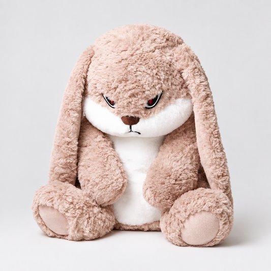 Angry-face beige plush bunny with long floppy ears, sitting pose, studio quality