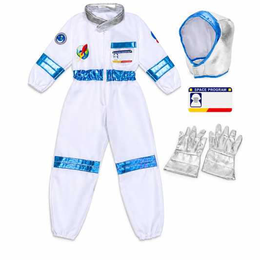 Kids blue astronaut Halloween costume jumpsuit with hood, gloves and name tag, front view