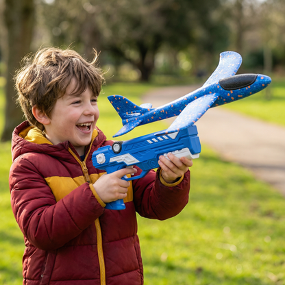 Blue foam airplane launcher toy for kids