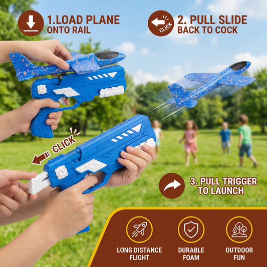 Foam airplane launcher in action with flying plane