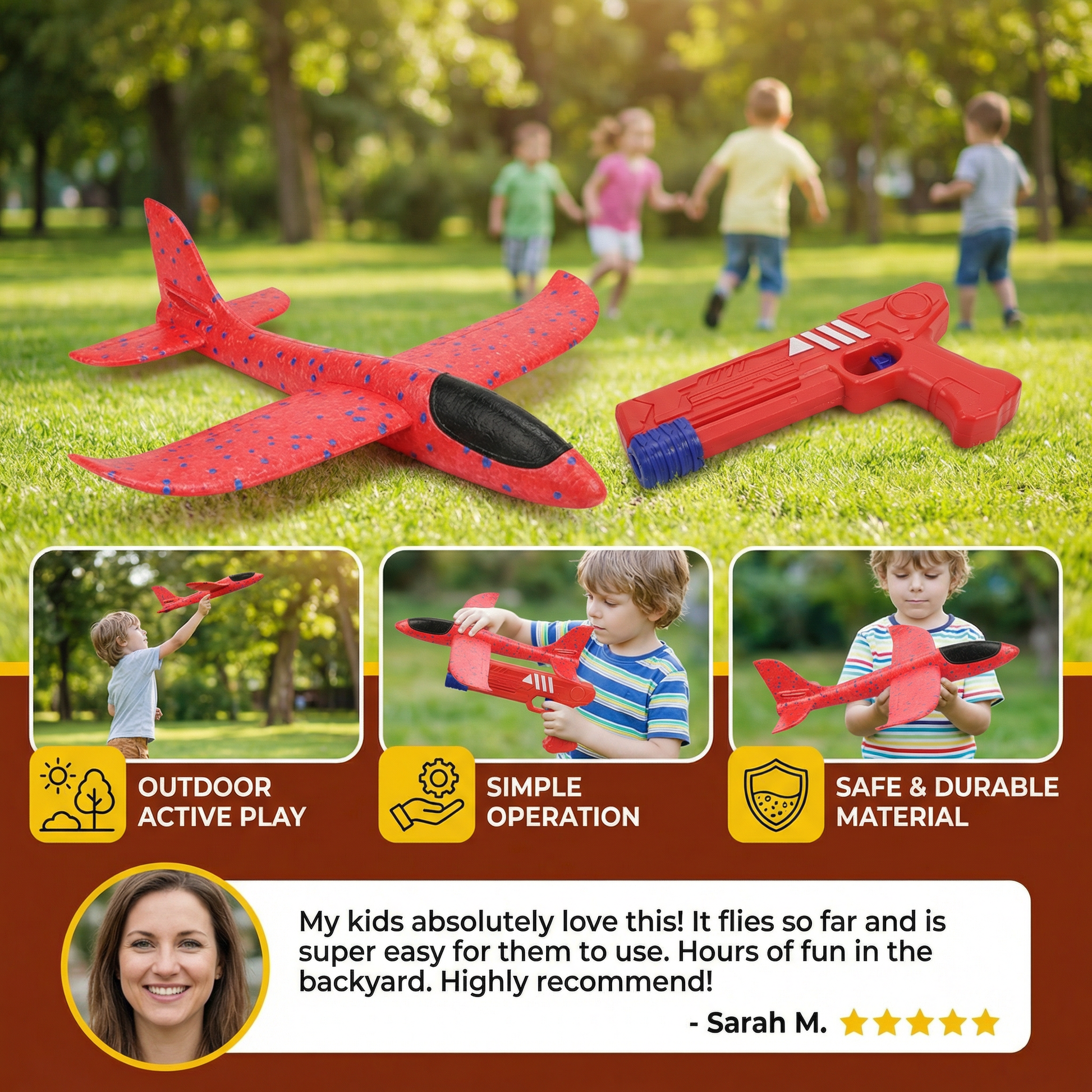 Child playing with foam airplane launcher outdoors
