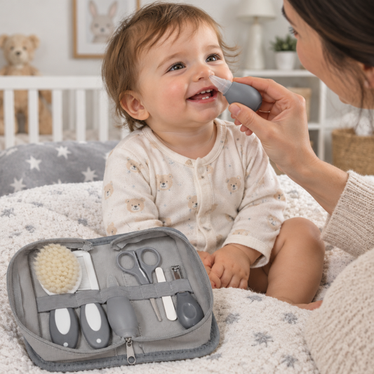 Happy toddler having nose gently cleaned with the baby grooming kit nasal aspirator at home