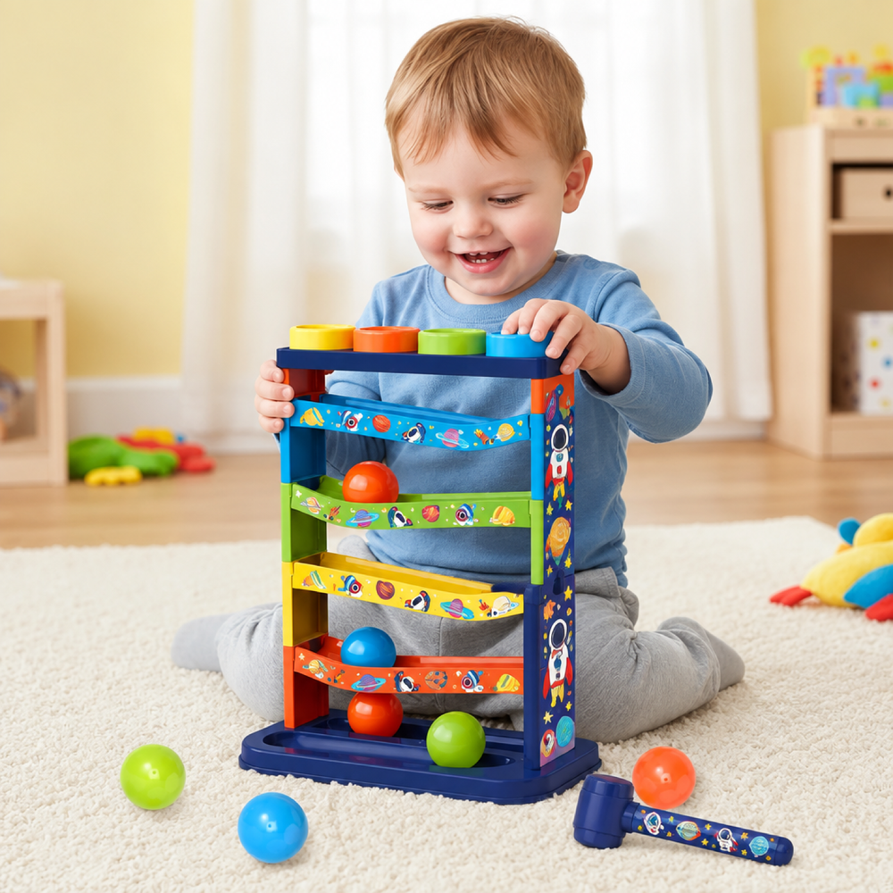 4-Tier Ball Drop Tower - Space Themed Knock & Roll Activity Toy