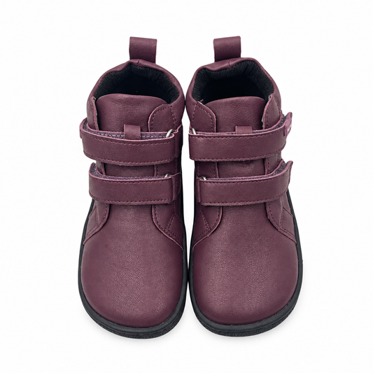 Mauve barefoot ankle boot for toddlers, studio product photo