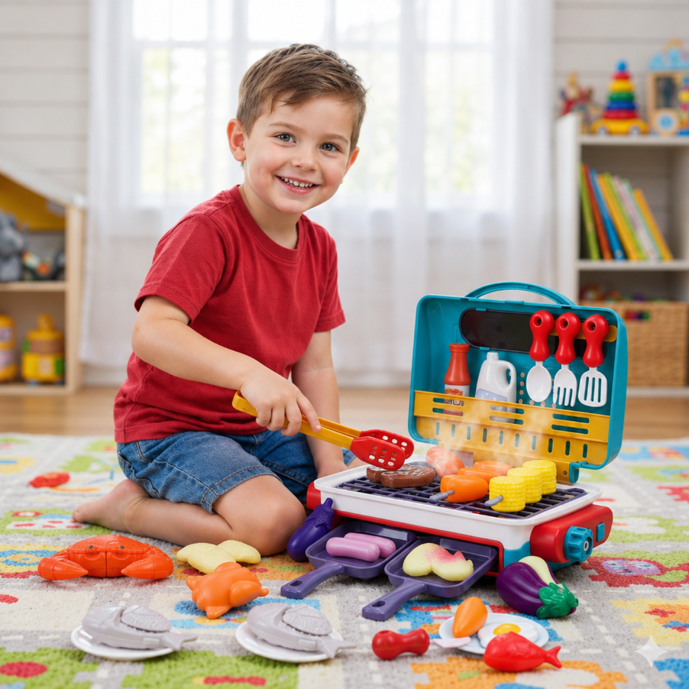 Kids BBQ Grill Toy Kitchen Playset with Smoke Effect & Colour-Changing Food