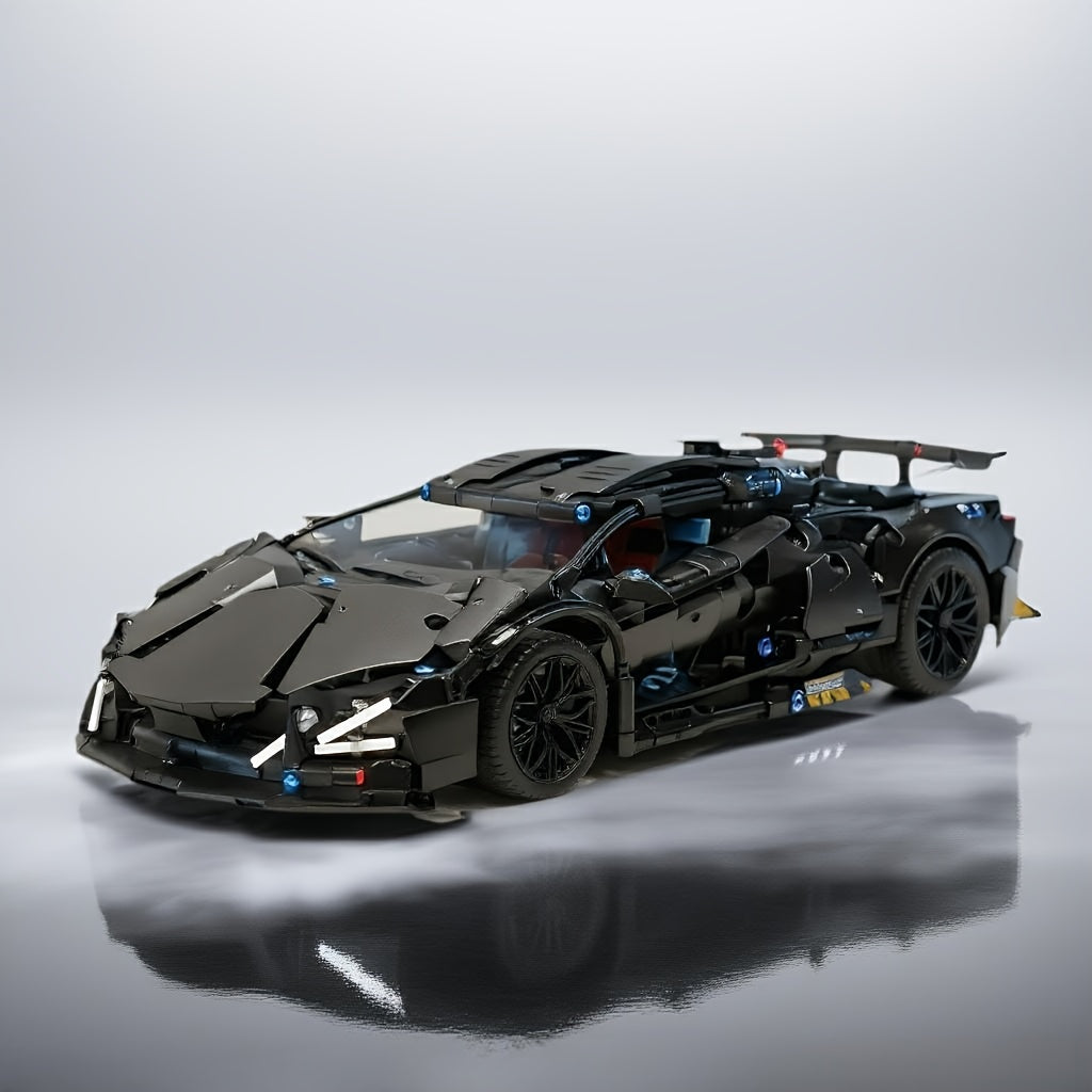 Black supercar building set opening detail