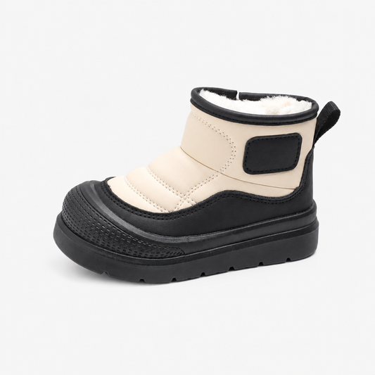 Black kids waterproof snow boots, clean product photo on white background