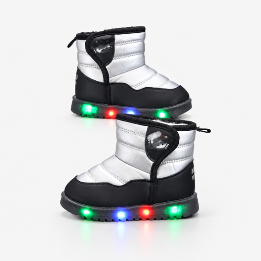Black kids light-up winter snow boots, fleece-lined, studio product photo