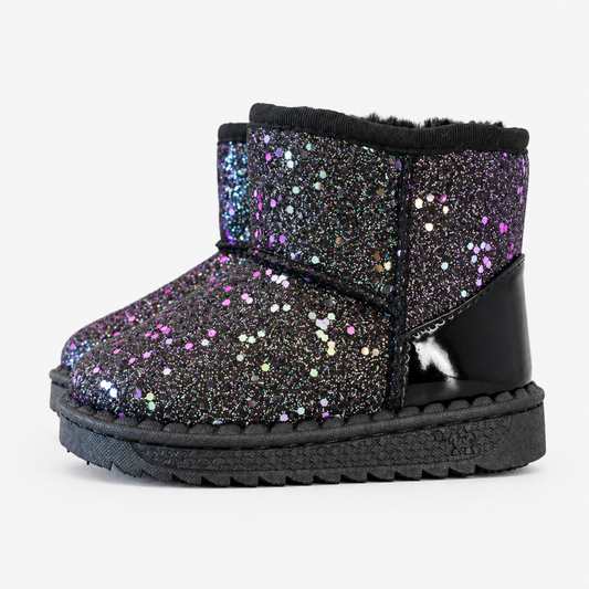 Black glitter kids snow boot, side view, sparkly sequin upper with faux fur trim and non-slip sole