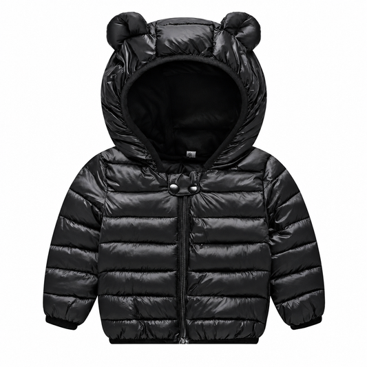 Black padded kids winter coat with sleek glossy finish and bear-ear hood, front view
