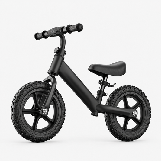 Black adjustable balance bike for toddlers, three-quarter studio view showing frame, seat, and tires
