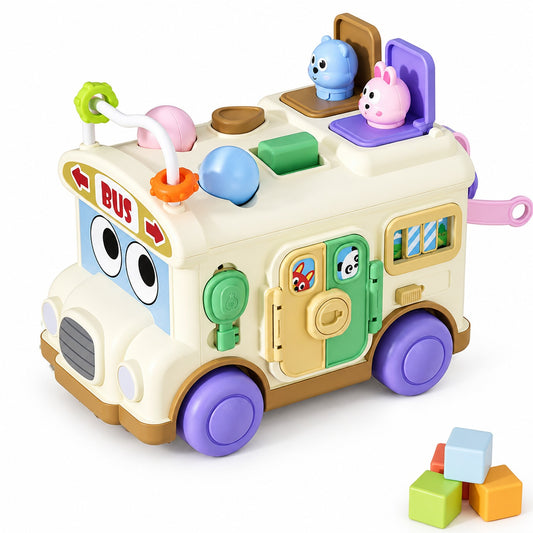 White bus-shaped Montessori sensory busy board with latches, dials and animal pop-ups