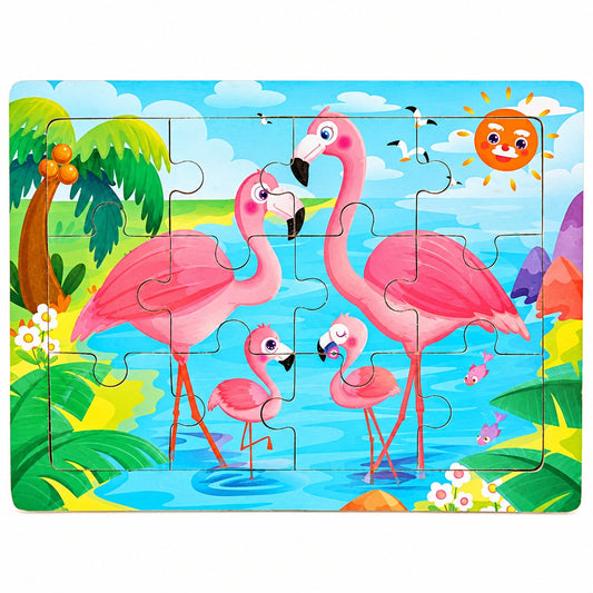 Wooden 3D jigsaw puzzle with pink flamingo family scene, 30 pieces