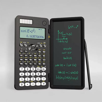 Scientific calculator open with erasable notepad