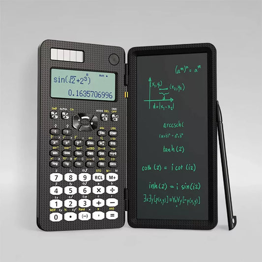 Scientific calculator open with erasable notepad