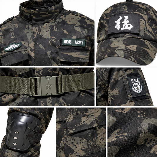 Close-up of camouflage costume fabric texture and stitching detail