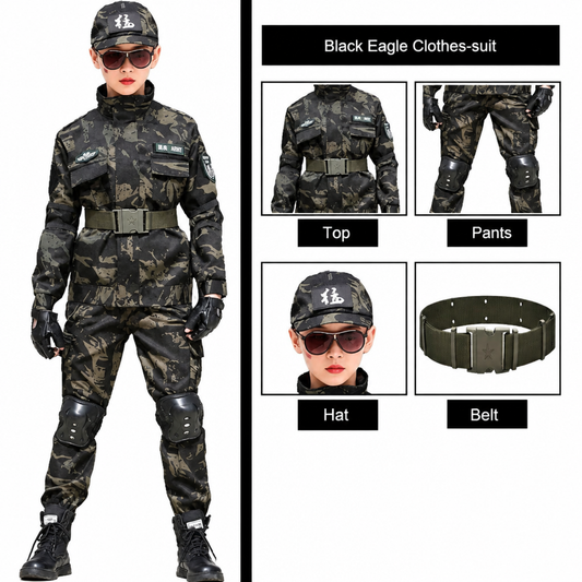 Kids camouflage combat costume set with jacket, trousers, cap and belt, studio product shot
