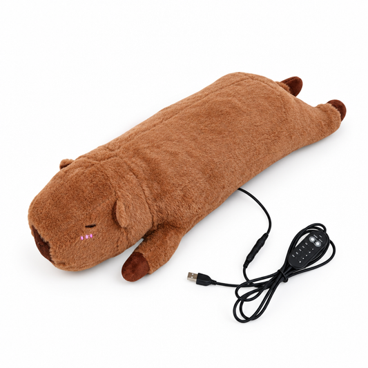 Lying Flat capybara plush heating pad, electric warming cushion, studio shot