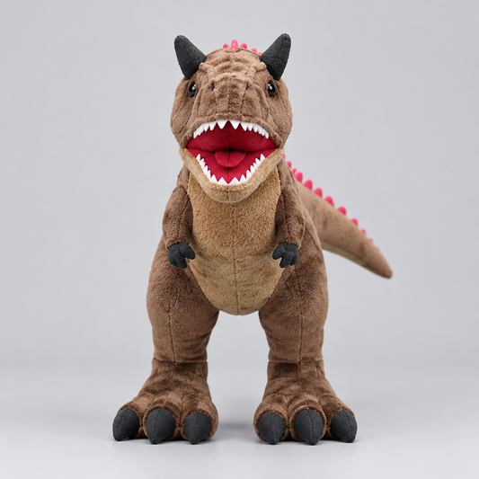 Realistic brown Carnotaurus dinosaur plush toy in a professional studio setting, front view