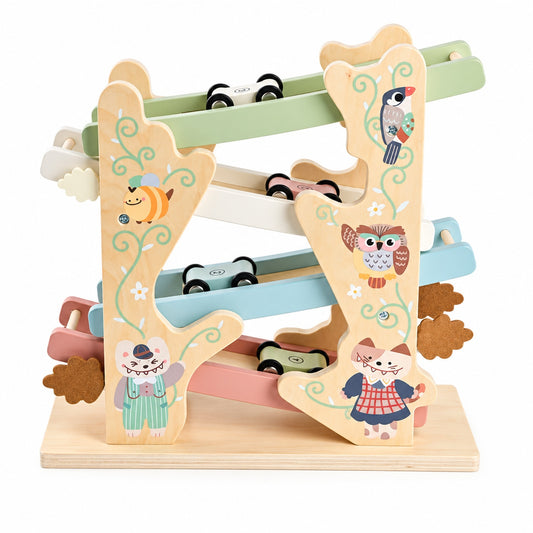 Wooden car ramp race track with 4 toy cars, full front view on a 4-tier ramp with colourful lanes and woodland animal designs