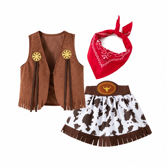 Girls Western cowgirl costume Set 01 - fringed vest and cow-print skirt with bandana
