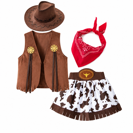 Girls Western cowgirl costume Set 02 - fringed vest, cow-print skirt, bandana and cowgirl hat