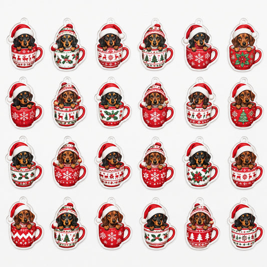 Dachshund advent calendar - full set of 24 flat acrylic charms, each with a dachshund peeking out of a festive mug