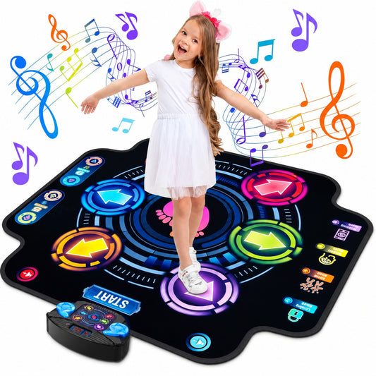 Girl dancing on a light-up Bluetooth dance mat with six glowing LED arrow buttons
