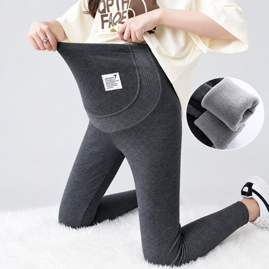 Dark grey velvet maternity thermal leggings, studio front view showing brushed fleece texture and over-the-bump support panel