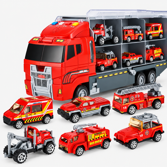 Diecast container truck carrier toy opened up with red fire truck mini vehicle and five other alloy vehicles on display, ages 3 and up